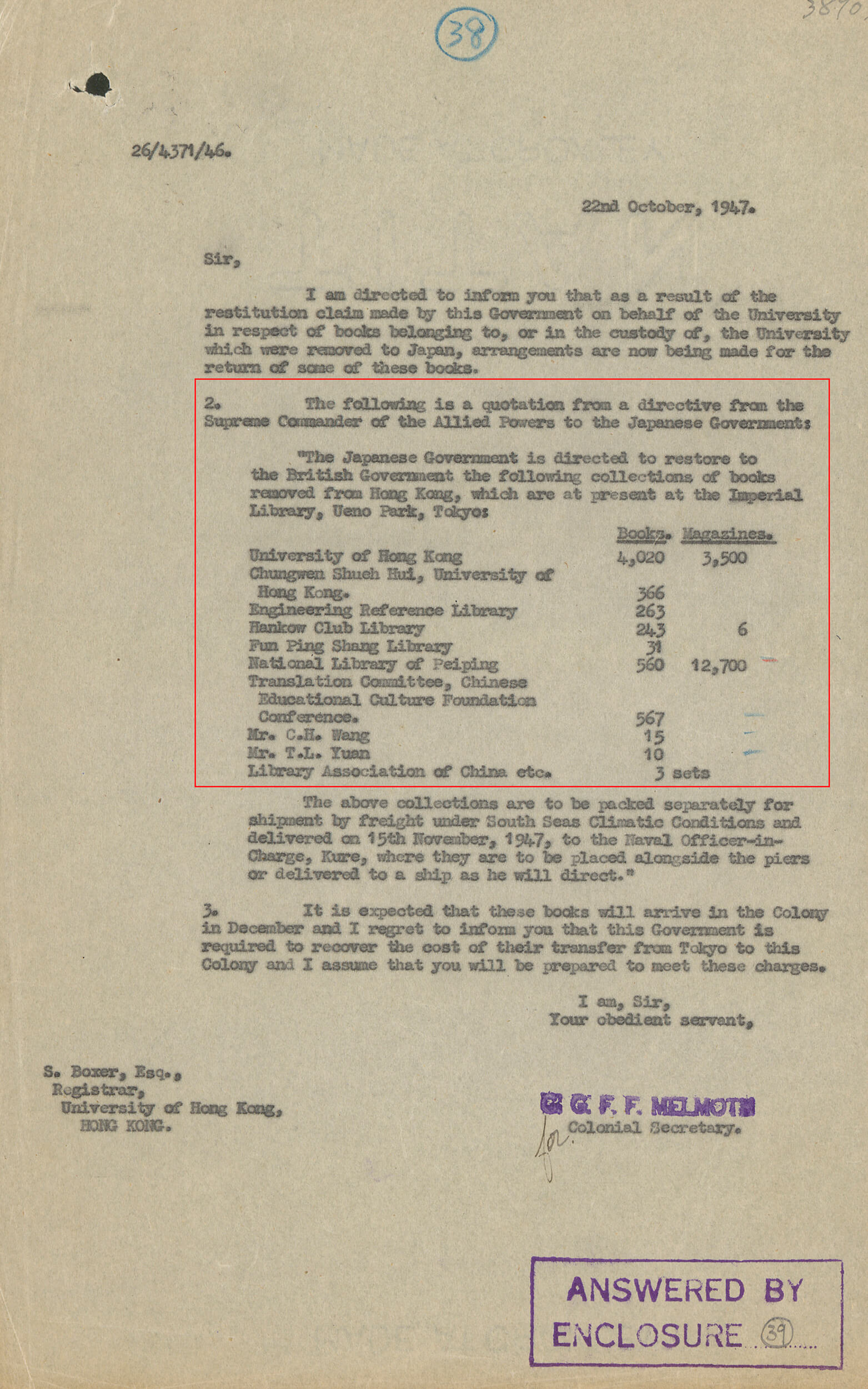 记录香港大学图书馆藏书在日本东京被寻回的文件。 HKRS41-1-1660 (1947)
