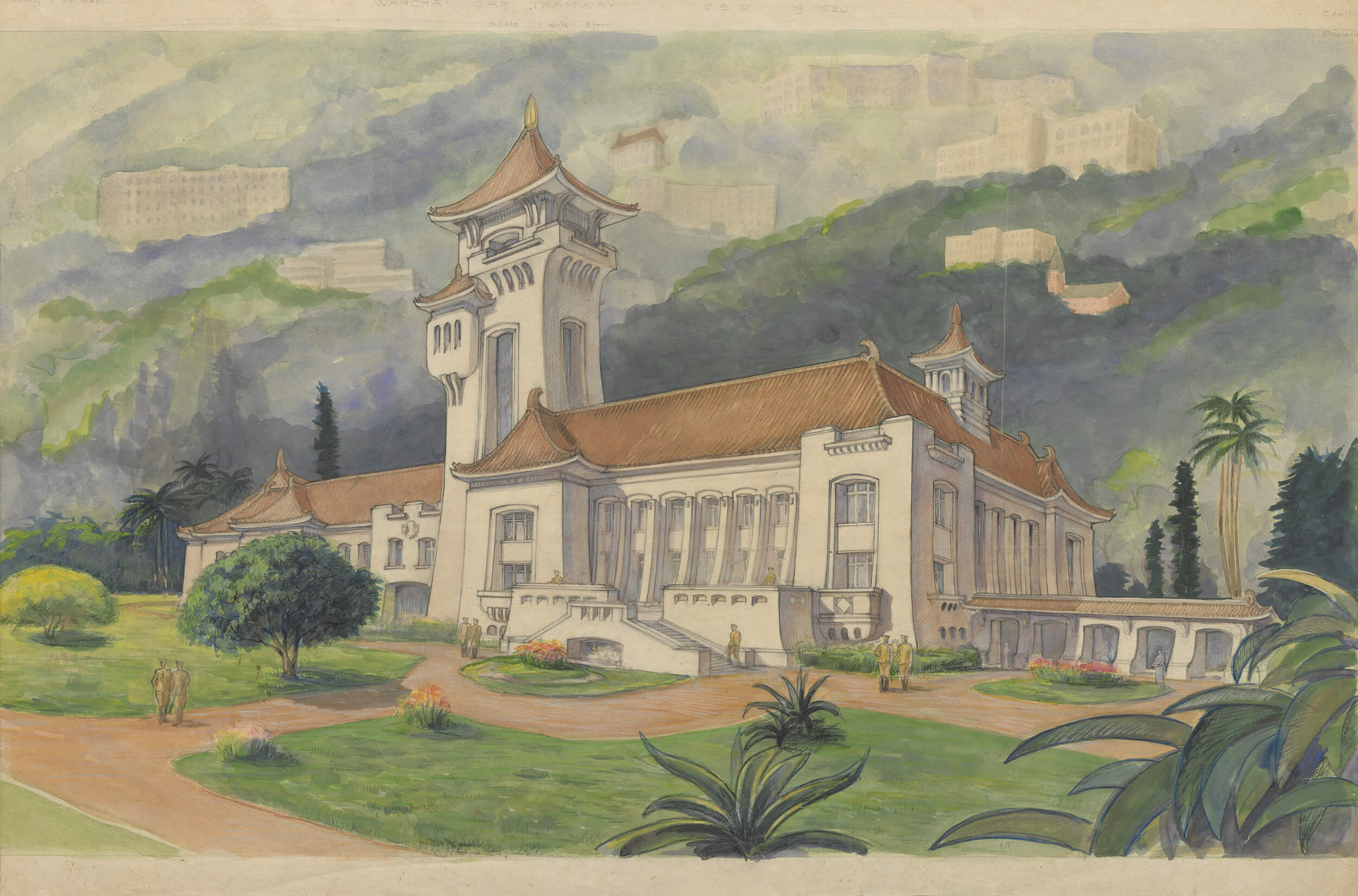 日占期间，日军政府改建总督府（现称香港礼宾府），包括增建中央塔楼以连接两座原有建筑，并将屋顶改为日式瓦顶。 HKRS913-1-6 (1940s)