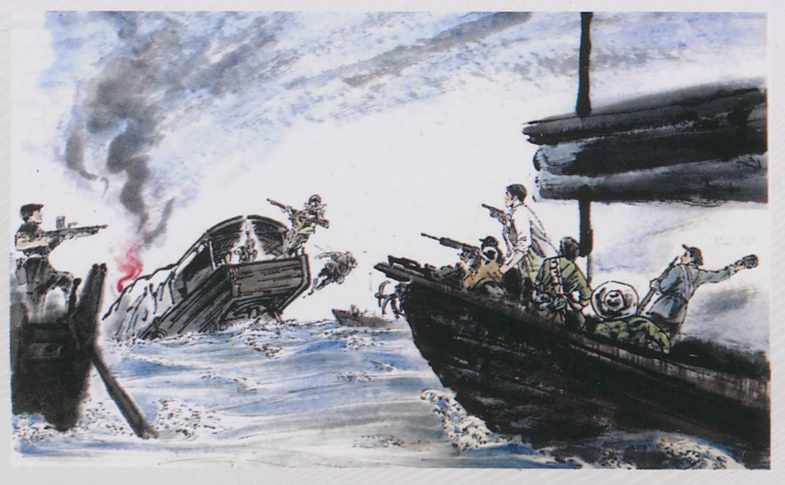 另一幅描绘东江纵队港九独立大队抗日行动的画作（陈挺通画作）。 图片由原东江纵队港九独立大队老游击战士联谊会提供