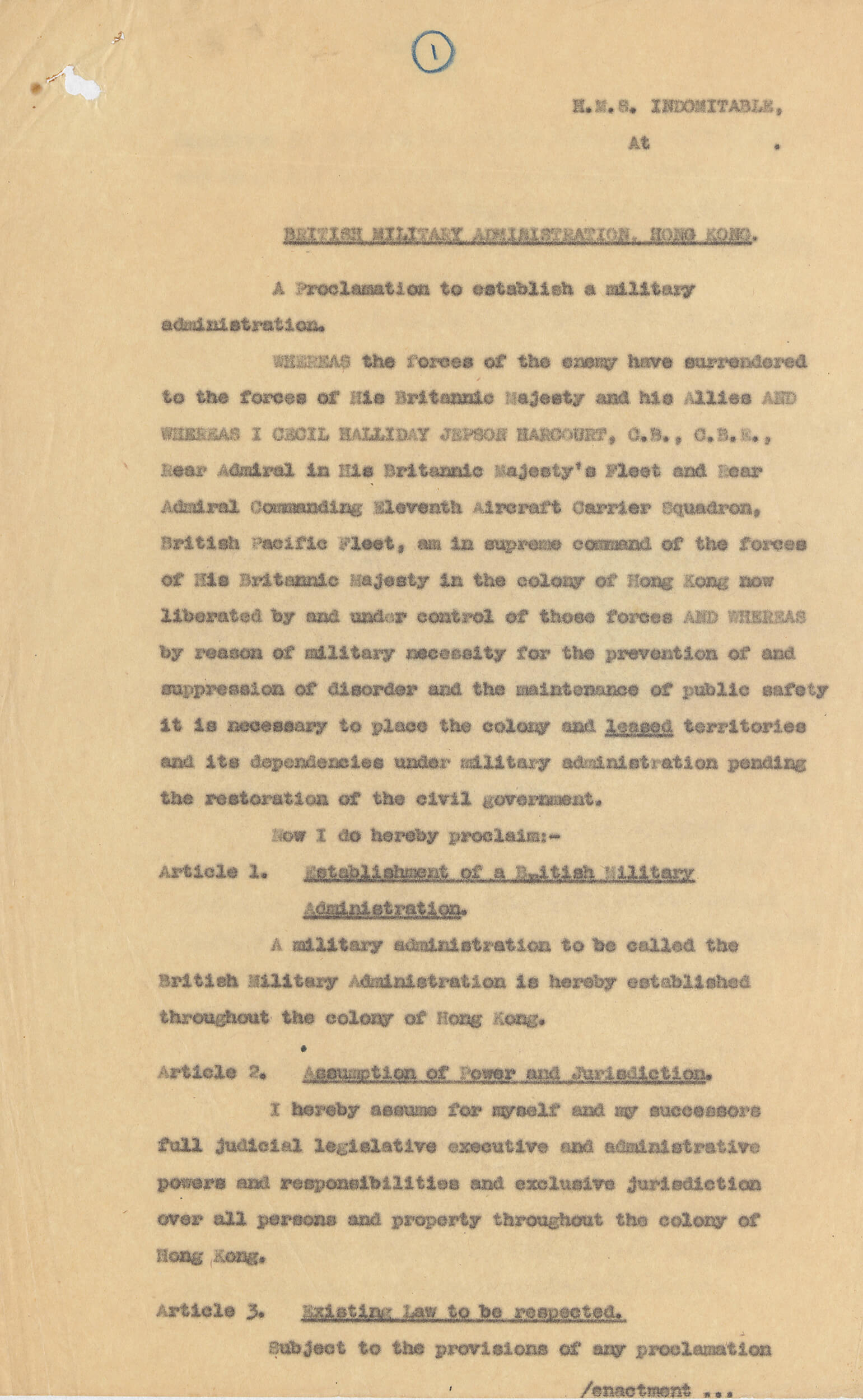 在日本投降后至1946年4月，香港由临时军政府管治。 HKRS163-1-214 (1945)
