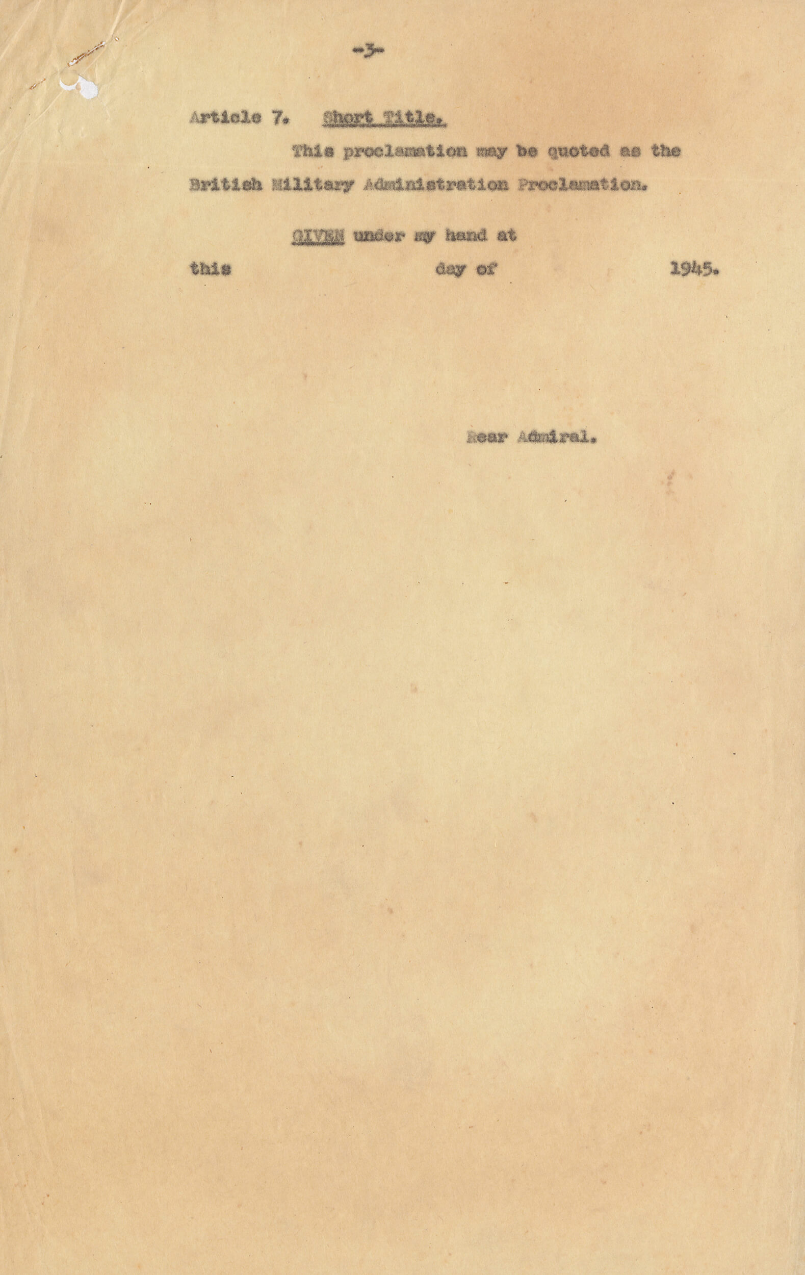 在日本投降后至1946年4月，香港由临时军政府管治。 HKRS163-1-214 (1945)