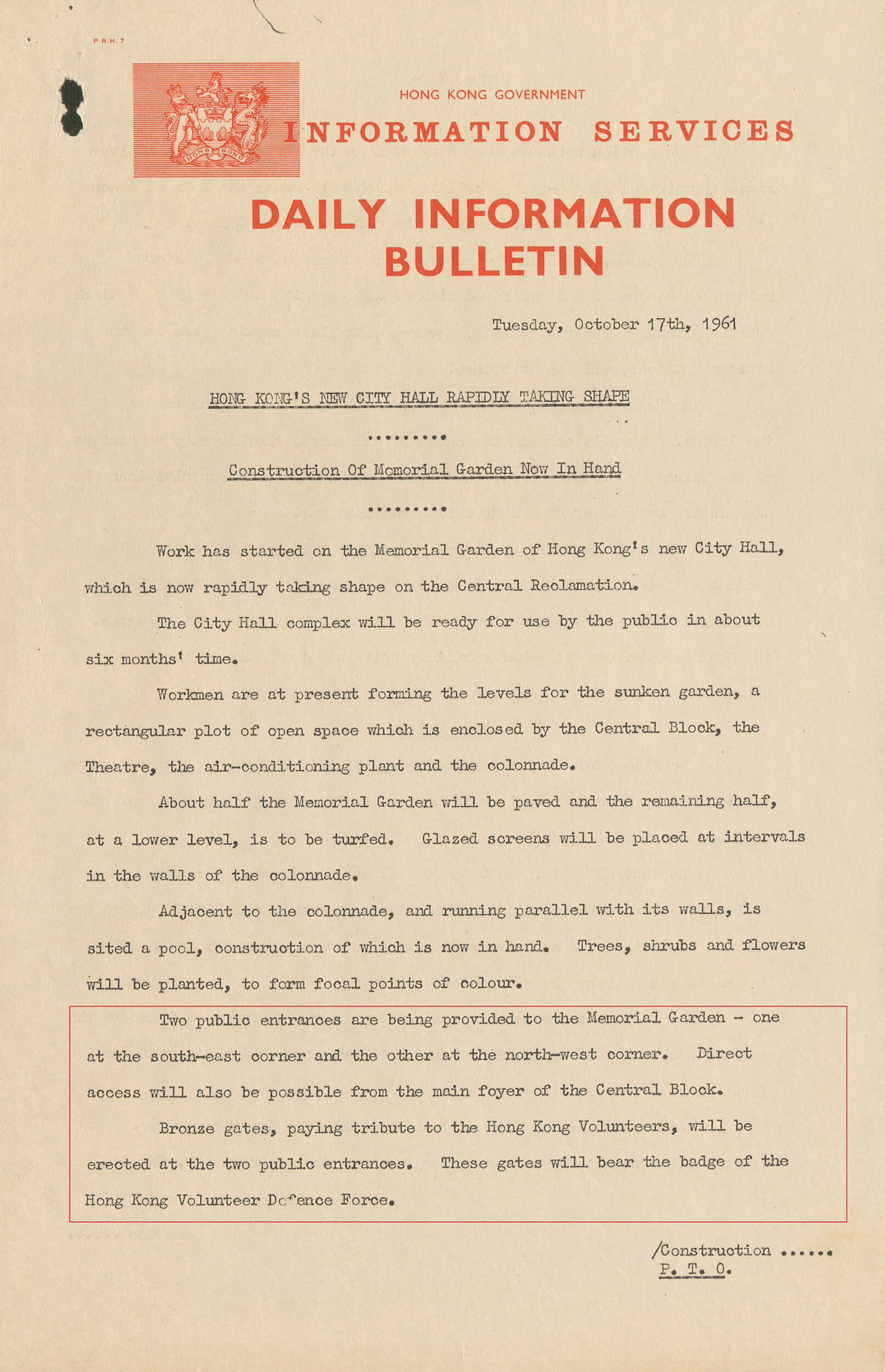 有关兴建香港大会堂纪念花园的新闻公报。 HKRS70-3-298 (1961)