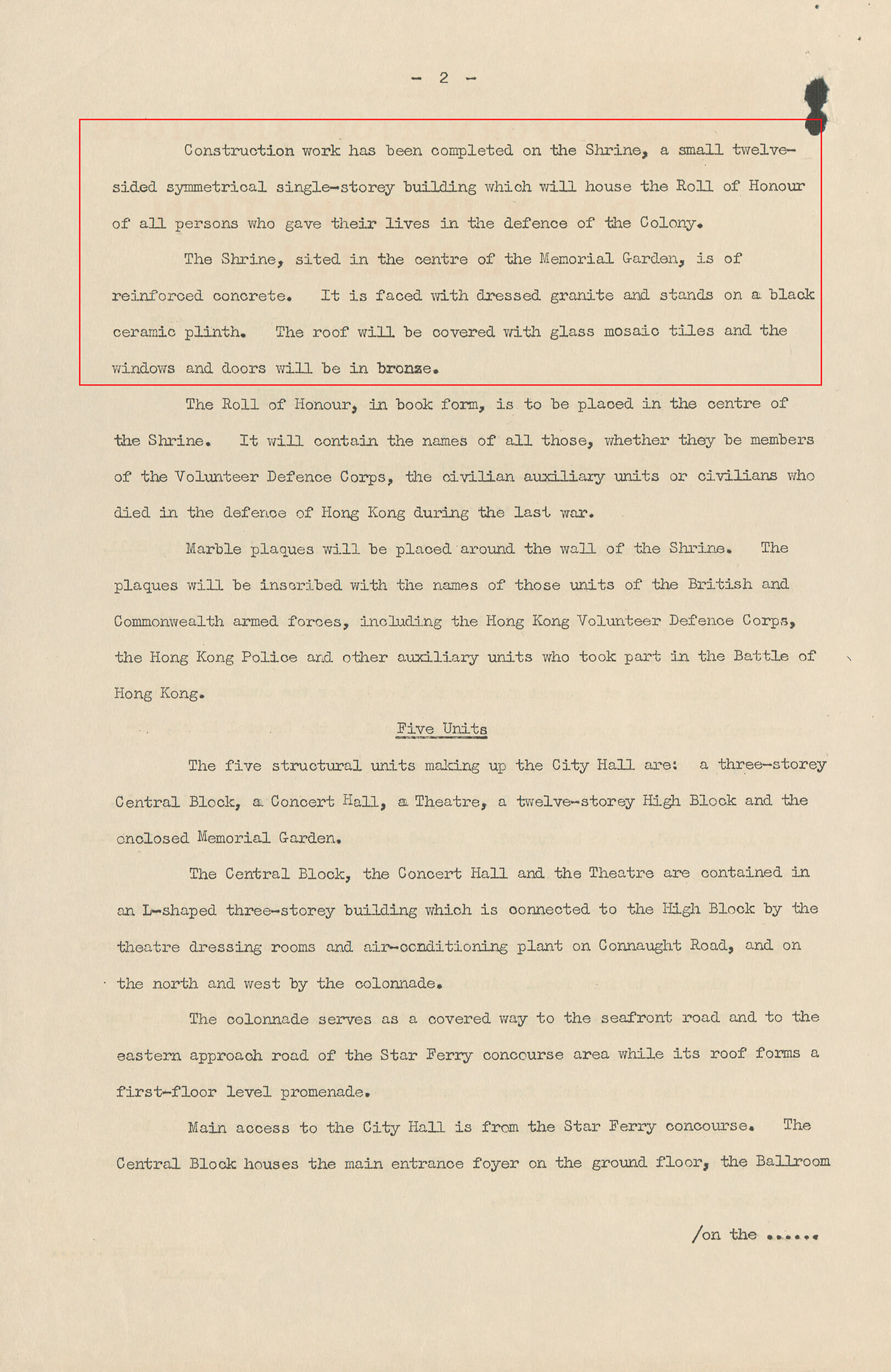 有关兴建香港大会堂纪念花园的新闻公报。 HKRS70-3-298 (1961)