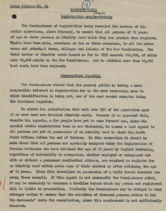 Press release reminding the public that any person not registered for an ID card would be liable to prosecution. (1955)