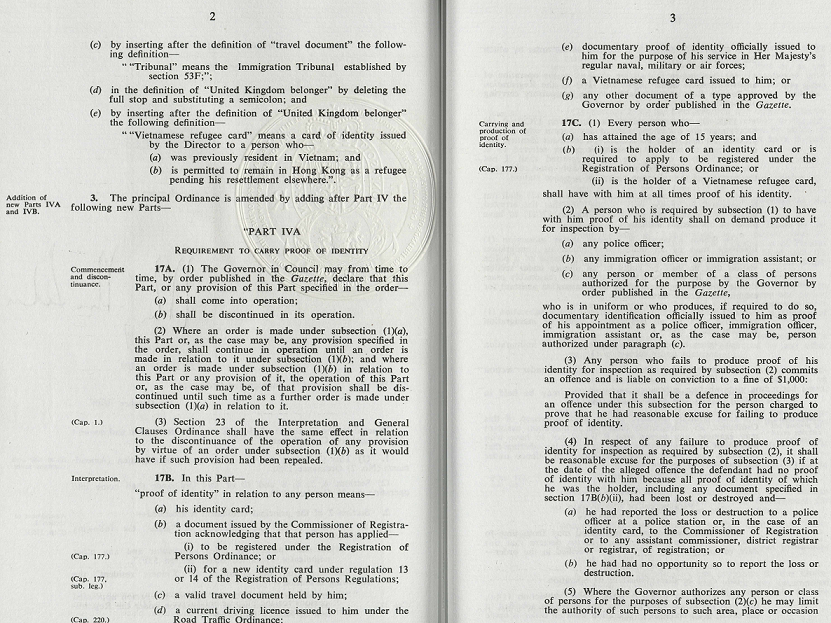 Under the Immigration (Amendment) (No. 2) Ordinance 1980, all people attaining the age of 15 must bring along their ID cards. (1980)