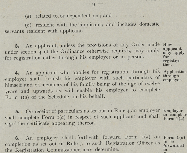 Under the Registration of Persons Ordinance in 1949, eligible persons could register for an ID card in person or through their employers. (1949)