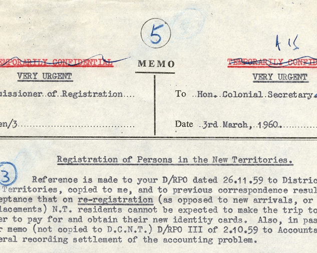 The Government deemed it unreasonable to expect New Territories residents to travel afar to town for ID card application. (1960)