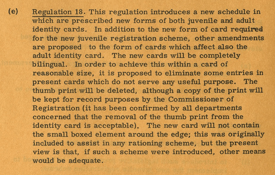 The bilingual requirement of new laminated ID cards was discussed in an Executive Council paper. (1973) 