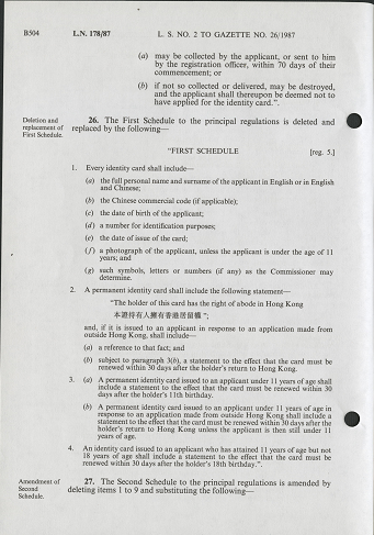 Under the Registration of Persons (Amendment) Regulations 1987, a permanent ID card shall bear the statement “The holder of this card has the right of abode in Hong Kong”. (1987)