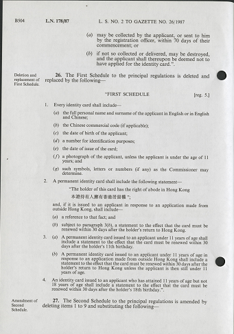 根据1987年的《人事登记(修订)规例》，永久性居民身份证须载有「本证持有人拥有香港居留权」的字句。(1987年)